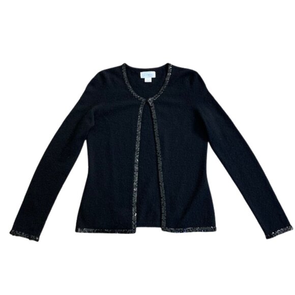 SUTTON STUDIO Cashmere Open Front Cardigan with Sequin Trim in Black MEDIUM - Picture 1 of 13